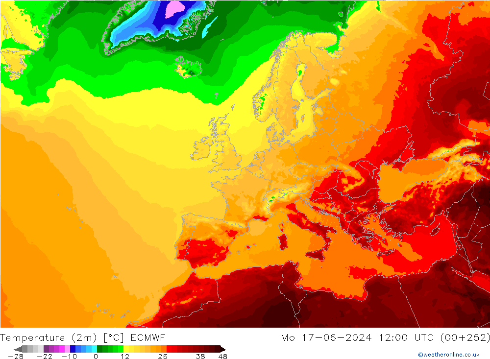 mapa temperatury (2m) ECMWF pon. 17.06.2024 12 UTC