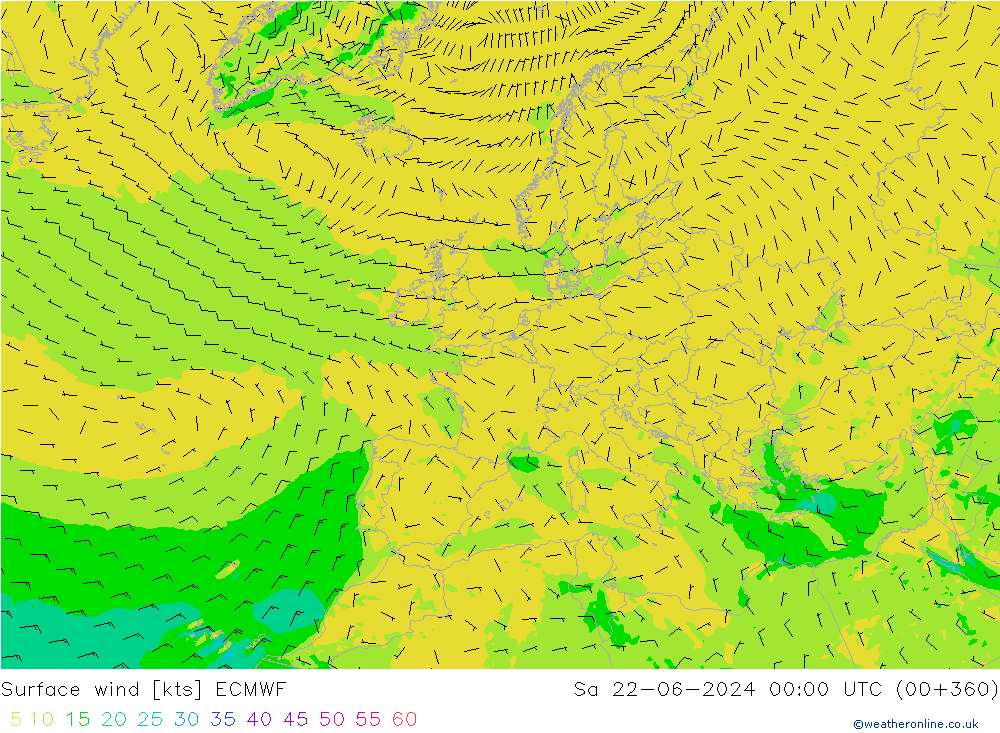 Vent 10 m ECMWF sam 22.06.2024 00 UTC