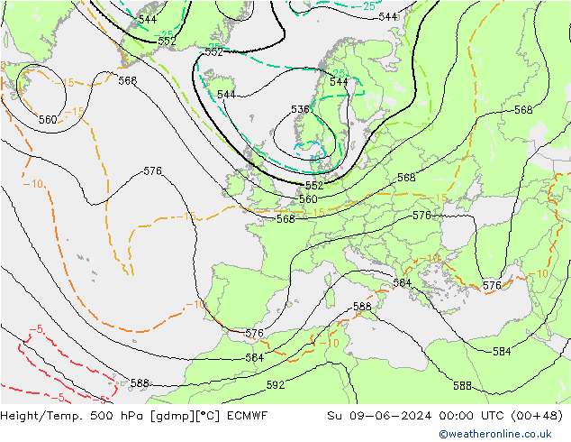 Height/Temp. 500 hPa ECMWF So 09.06.2024 00 UTC