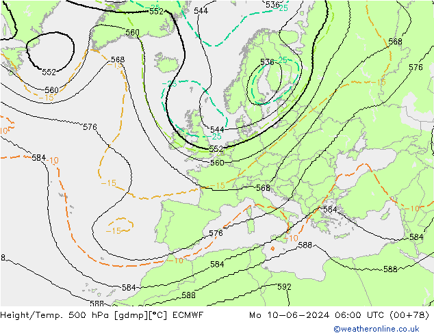 Height/Temp. 500 hPa ECMWF Mo 10.06.2024 06 UTC