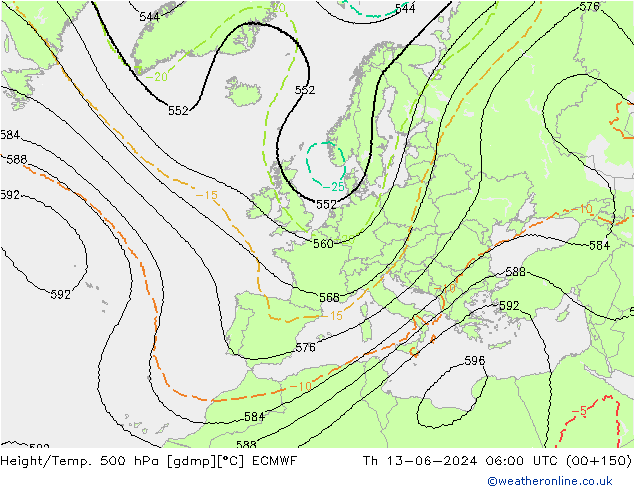 Height/Temp. 500 hPa ECMWF Čt 13.06.2024 06 UTC