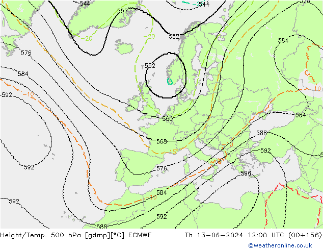 Height/Temp. 500 hPa ECMWF Th 13.06.2024 12 UTC