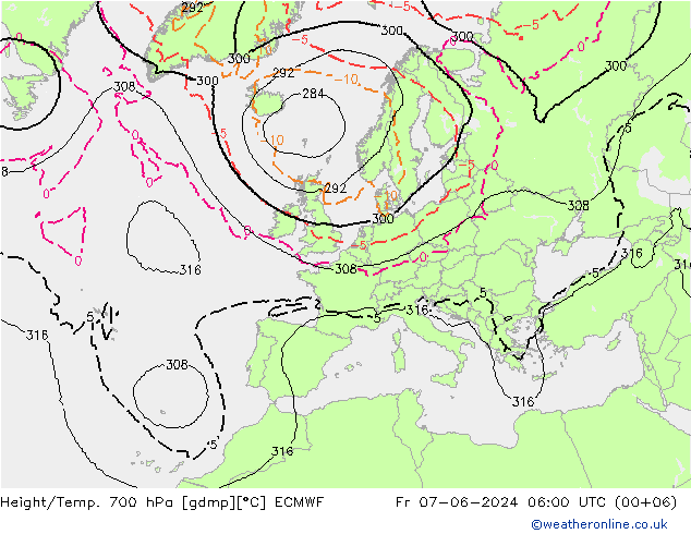 Height/Temp. 700 hPa ECMWF Pá 07.06.2024 06 UTC