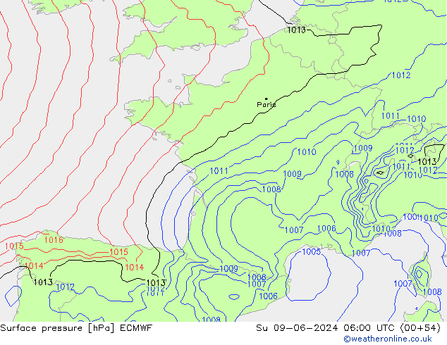 pressão do solo ECMWF Dom 09.06.2024 06 UTC