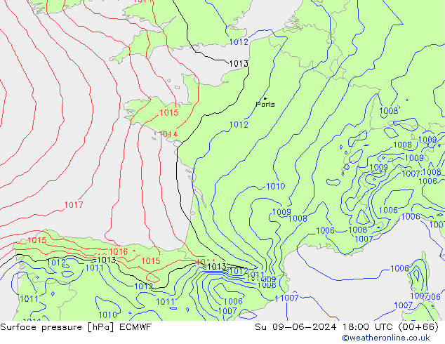 Luchtdruk (Grond) ECMWF zo 09.06.2024 18 UTC