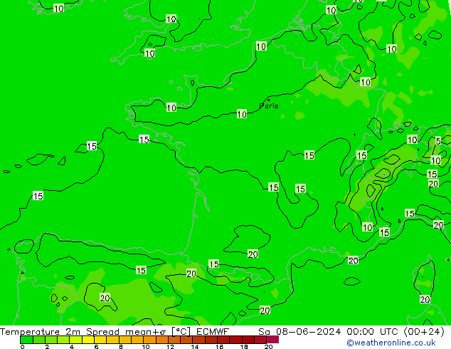 Temperatura 2m Spread ECMWF Sáb 08.06.2024 00 UTC