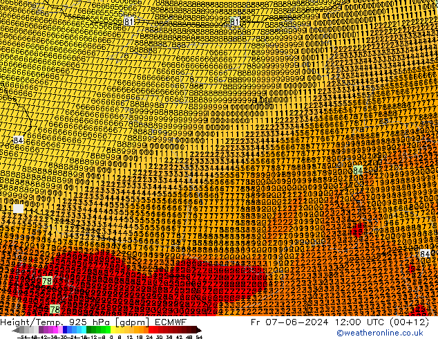 Hoogte/Temp. 925 hPa ECMWF vr 07.06.2024 12 UTC