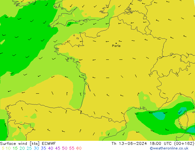 wiatr 10 m ECMWF czw. 13.06.2024 18 UTC