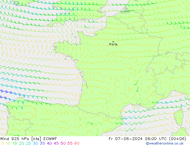 Rüzgar 925 hPa ECMWF Cu 07.06.2024 06 UTC