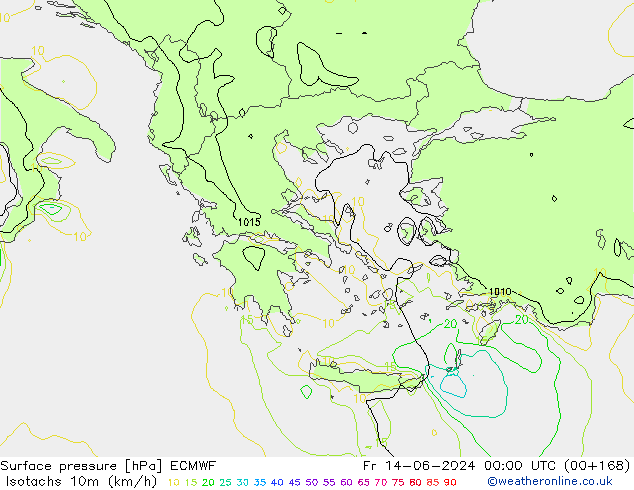 Isotachs (kph) ECMWF Fr 14.06.2024 00 UTC