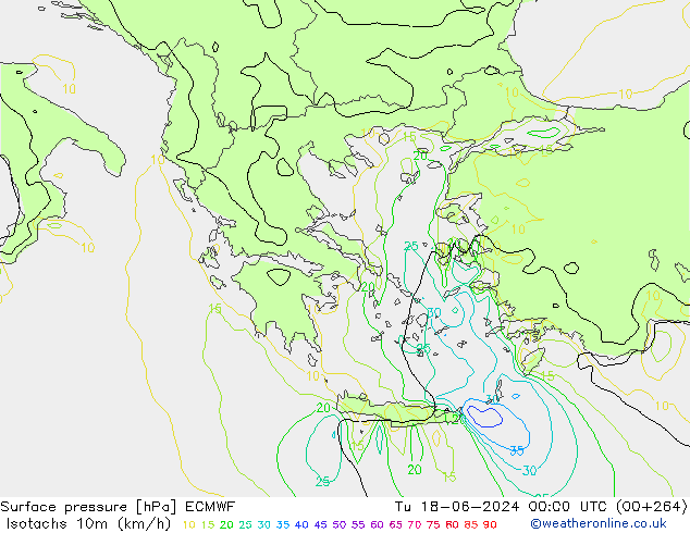 Isotachs (kph) ECMWF Út 18.06.2024 00 UTC