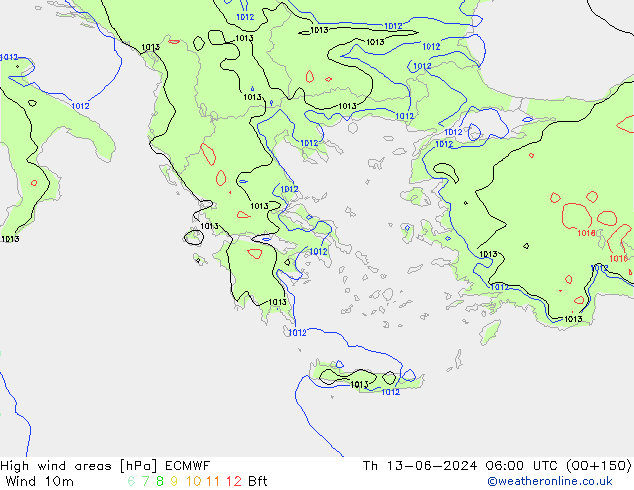 yüksek rüzgarlı alanlar ECMWF Per 13.06.2024 06 UTC