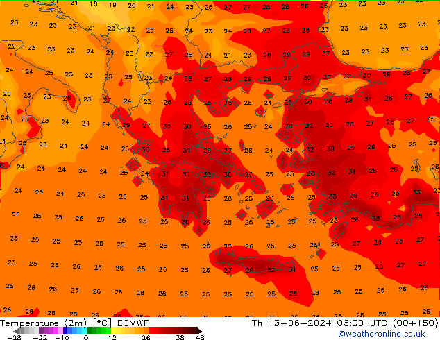 Temperature (2m) ECMWF Th 13.06.2024 06 UTC