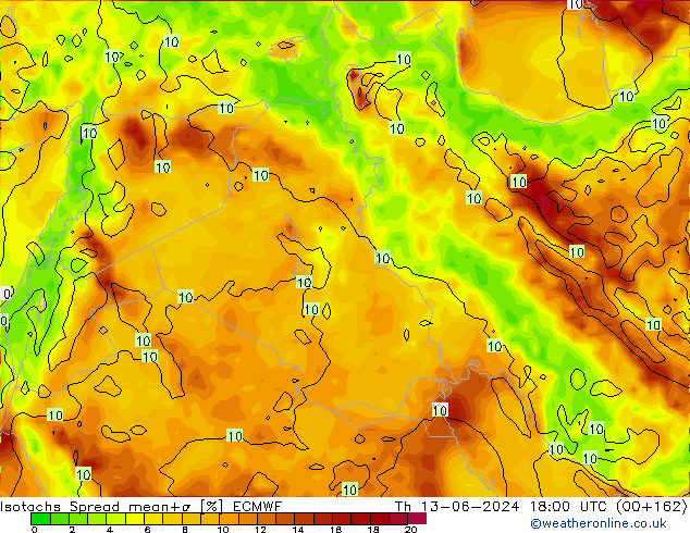 Isotachs Spread ECMWF чт 13.06.2024 18 UTC