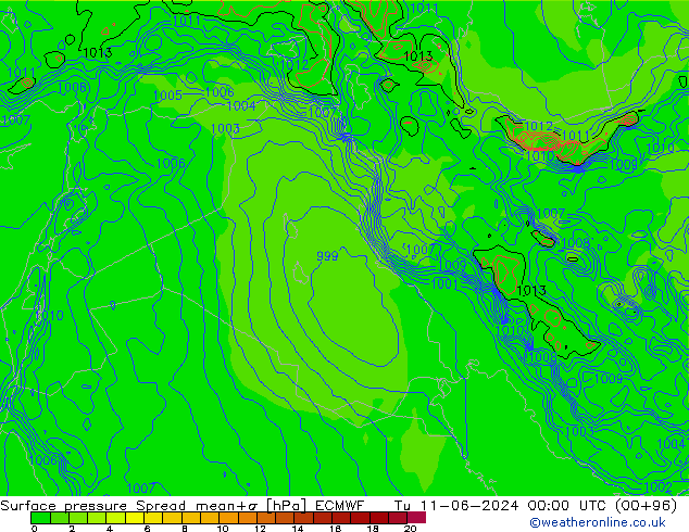 Surface pressure Spread ECMWF Tu 11.06.2024 00 UTC