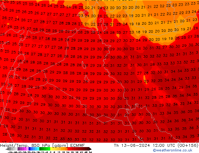 Height/Temp. 850 hPa ECMWF Qui 13.06.2024 12 UTC