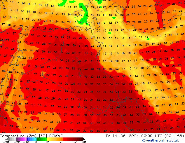 Temperature (2m) ECMWF Pá 14.06.2024 00 UTC