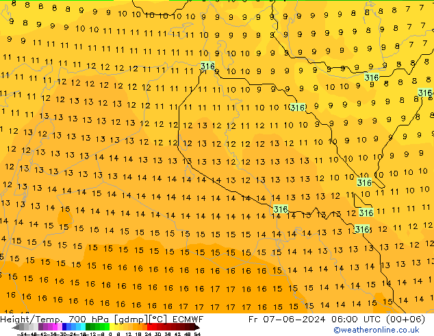 Hoogte/Temp. 700 hPa ECMWF vr 07.06.2024 06 UTC