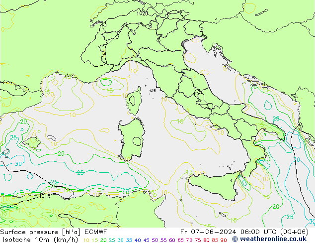 Isotachs (kph) ECMWF  07.06.2024 06 UTC