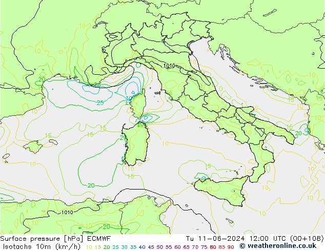 Isotachen (km/h) ECMWF Di 11.06.2024 12 UTC