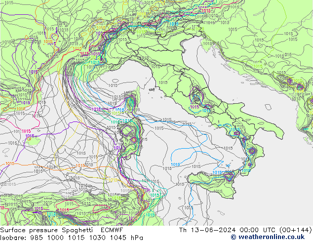 Atmosférický tlak Spaghetti ECMWF Čt 13.06.2024 00 UTC