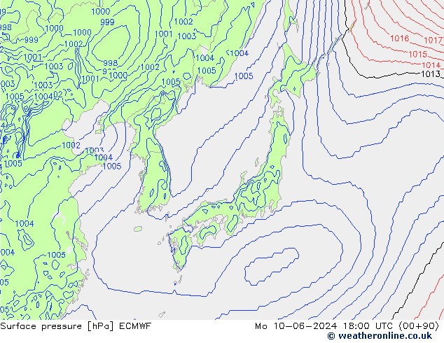 Surface pressure ECMWF Mo 10.06.2024 18 UTC