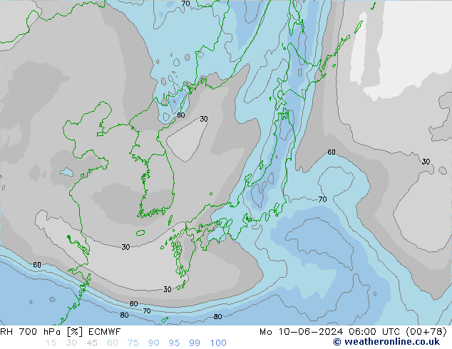 RH 700 hPa ECMWF Po 10.06.2024 06 UTC