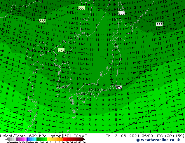 Height/Temp. 500 hPa ECMWF Th 13.06.2024 06 UTC