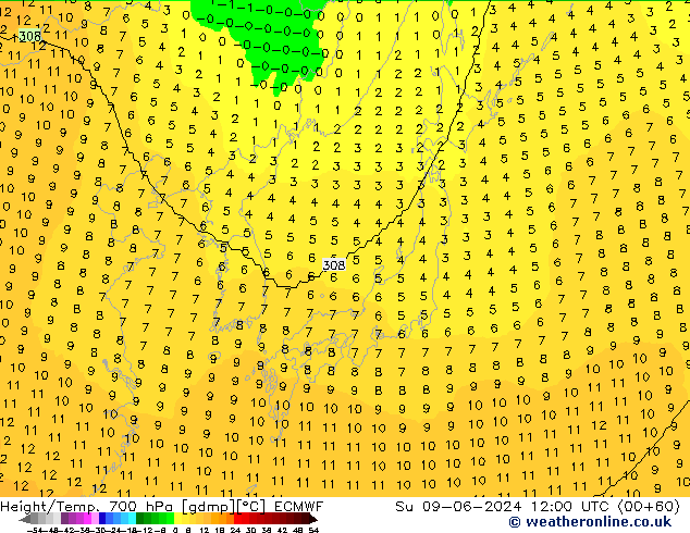 Hoogte/Temp. 700 hPa ECMWF zo 09.06.2024 12 UTC