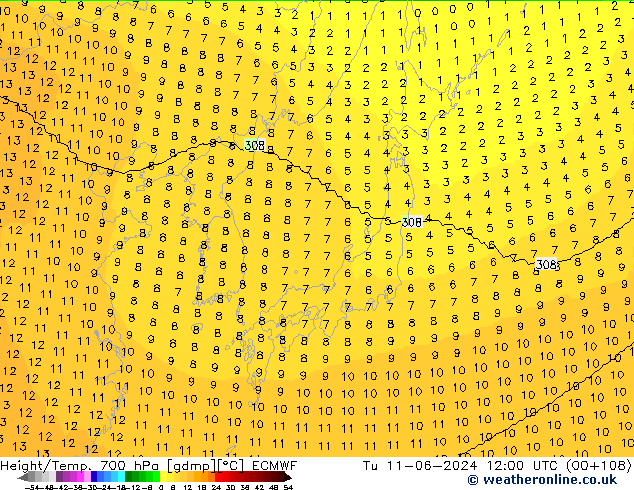 Yükseklik/Sıc. 700 hPa ECMWF Sa 11.06.2024 12 UTC