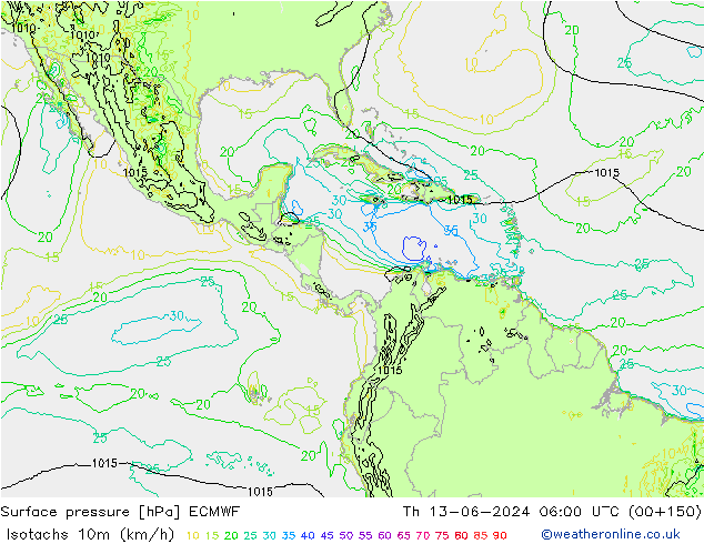 Isotachs (kph) ECMWF jeu 13.06.2024 06 UTC