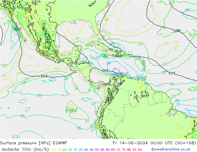 Isotachs (kph) ECMWF Fr 14.06.2024 00 UTC