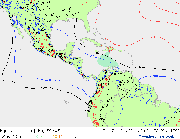 High wind areas ECMWF Čt 13.06.2024 06 UTC