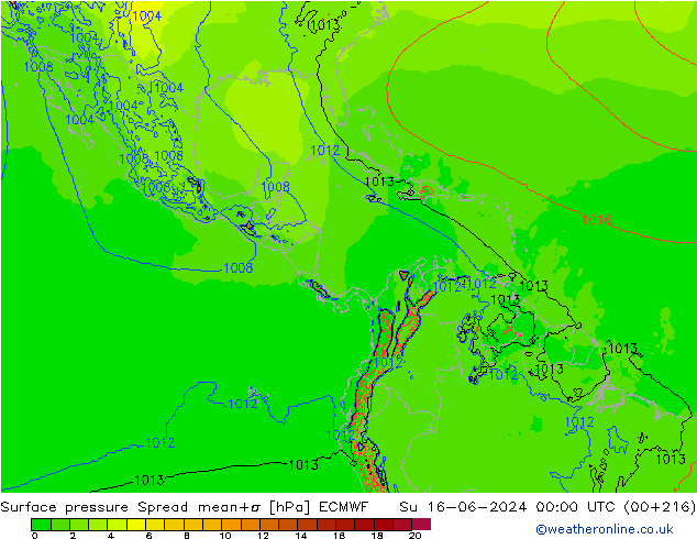 Luchtdruk op zeeniveau Spread ECMWF zo 16.06.2024 00 UTC