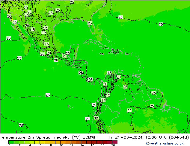 Temperatuurkaart Spread ECMWF vr 21.06.2024 12 UTC