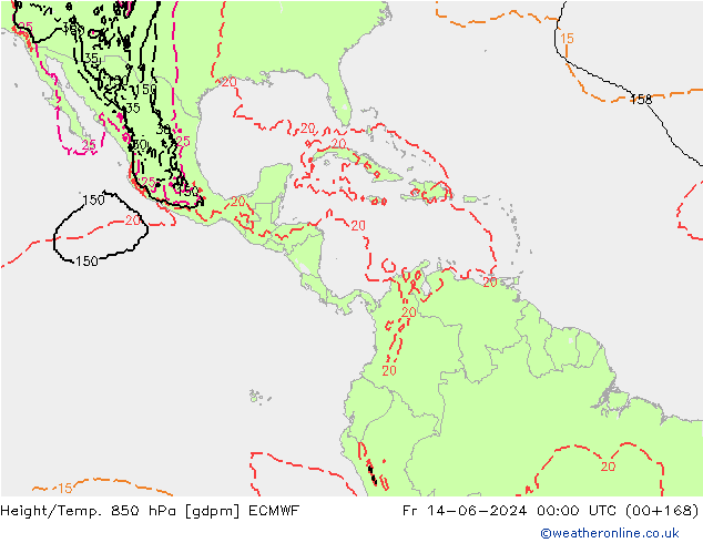 Geop./Temp. 850 hPa ECMWF vie 14.06.2024 00 UTC