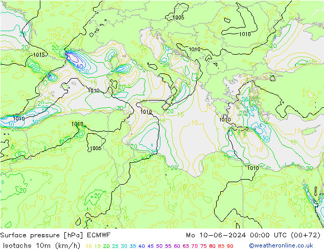 Isotachs (kph) ECMWF Seg 10.06.2024 00 UTC