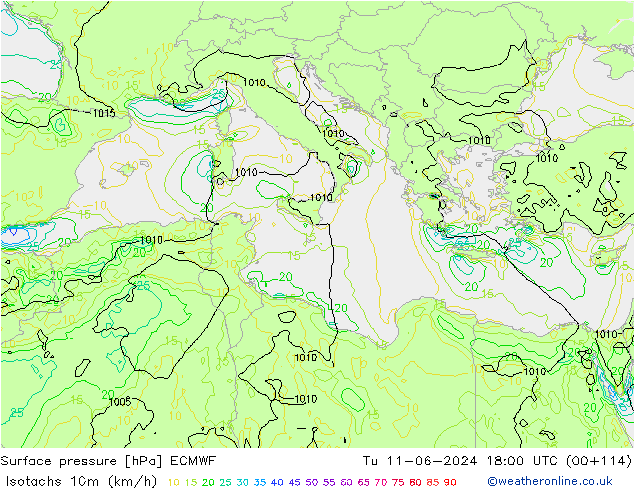 Isotachs (kph) ECMWF Ter 11.06.2024 18 UTC