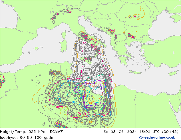 Height/Temp. 925 hPa ECMWF so. 08.06.2024 18 UTC