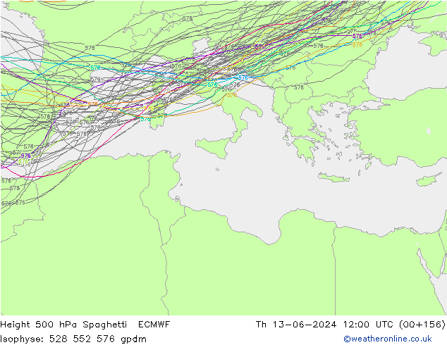 Height 500 гПа Spaghetti ECMWF чт 13.06.2024 12 UTC