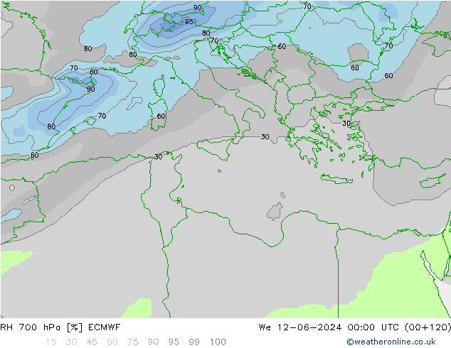 Humedad rel. 700hPa ECMWF mié 12.06.2024 00 UTC