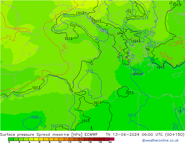 Pressione al suolo Spread ECMWF gio 13.06.2024 06 UTC