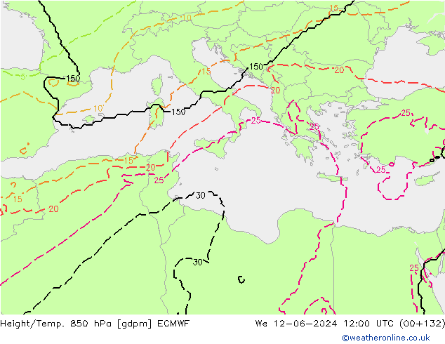 Height/Temp. 850 hPa ECMWF śro. 12.06.2024 12 UTC