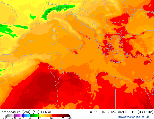 Temperature (2m) ECMWF Tu 11.06.2024 06 UTC