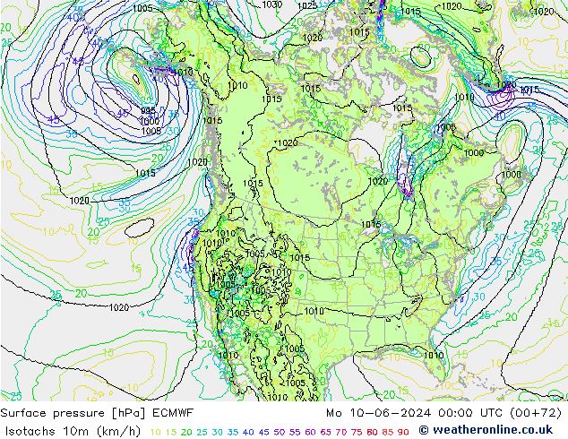 Isotachs (kph) ECMWF  10.06.2024 00 UTC