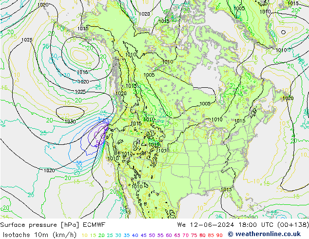 Isotachs (kph) ECMWF We 12.06.2024 18 UTC