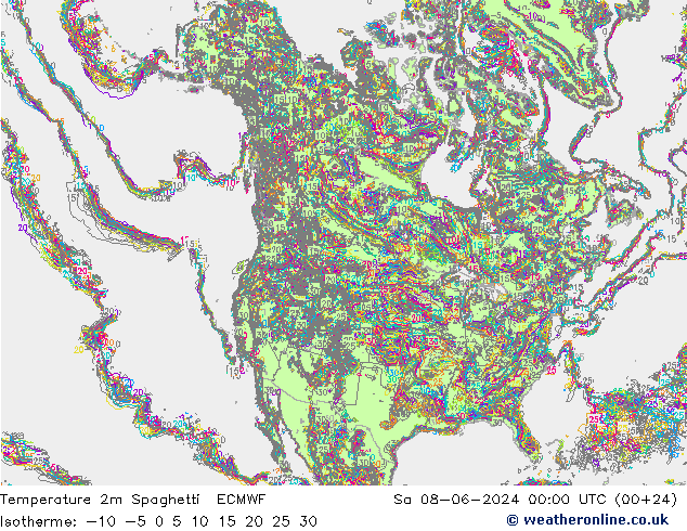 Temperatura 2m Spaghetti ECMWF sab 08.06.2024 00 UTC