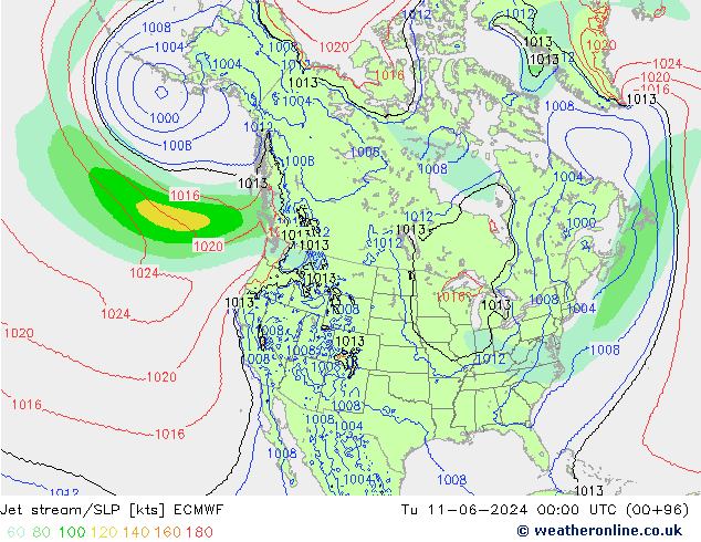 Jet stream/SLP ECMWF Út 11.06.2024 00 UTC