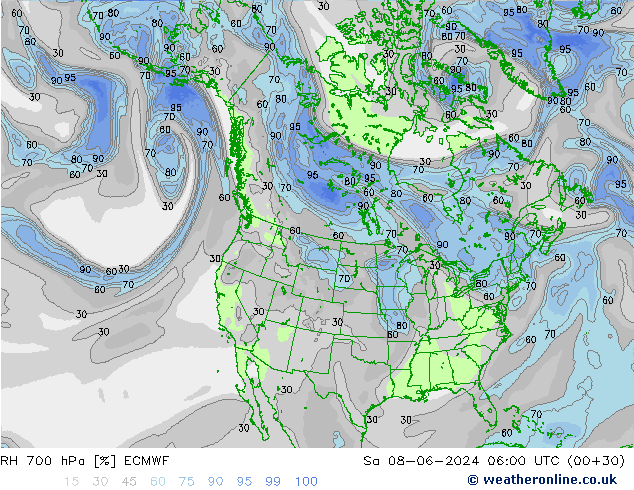 Humedad rel. 700hPa ECMWF sáb 08.06.2024 06 UTC