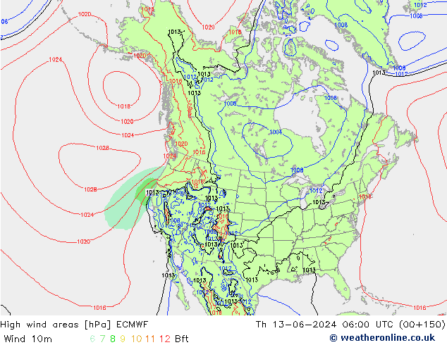 High wind areas ECMWF Th 13.06.2024 06 UTC